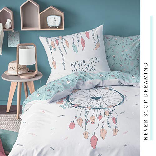 Juego de ropa de cama de 135 x 200 cm, ropa de cama para niña, ropa de cama infantil, estilo bohemio, flores y plumas, funda de almohada de 80 x 80 cm, funda nórdica de 135 x 200 cm, 100% algodón