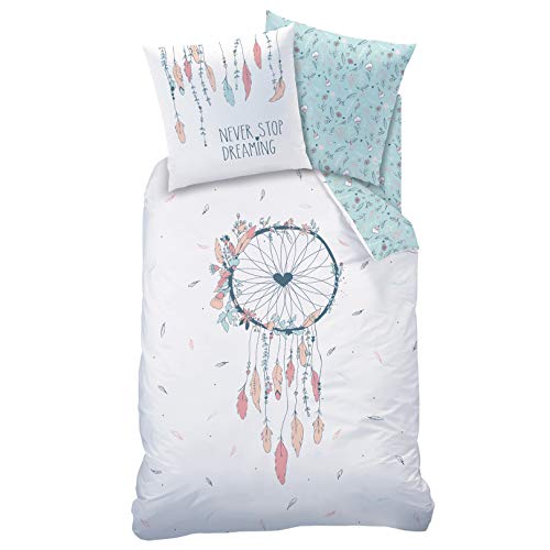 Juego de ropa de cama de 135 x 200 cm, ropa de cama para niña, ropa de cama infantil, estilo bohemio, flores y plumas, funda de almohada de 80 x 80 cm, funda nórdica de 135 x 200 cm, 100% algodón