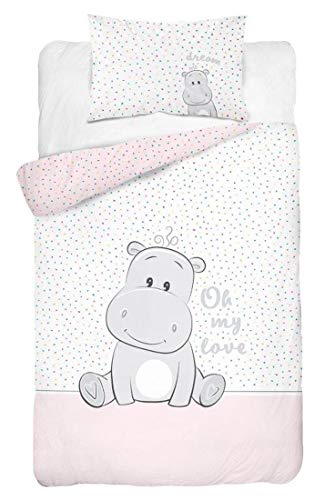 Juego de ropa de cama para bebé, 2 piezas 100 % algodón. Tamaño: 100 x 135 cm, 40 x 60 cm, certificado ÖkoTex Standard 100 (hipopótamo Love Rosa).