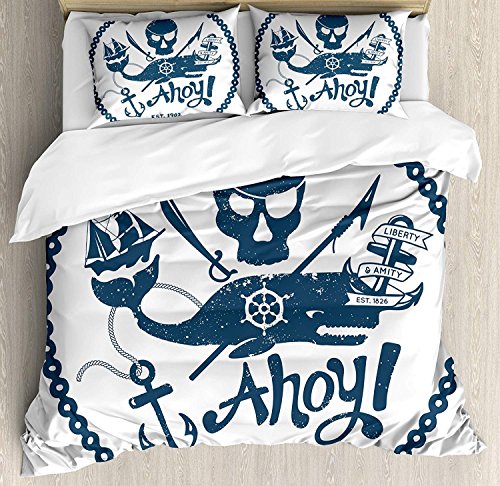 Juego de sábanas tipo ancla de 3 piezas Juego de funda nórdica, calavera pirata náutica de estilo vintage y diseño de ballena con imagen de ancla de barco, juego de funda de 2 piezas de consolador / Q