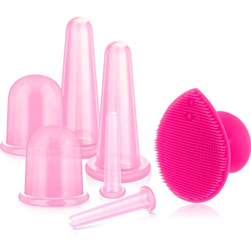 Juego de Ventosas Faciales Masaje Ahuecamiento de Cara y Ojos, Set de Ventosas Faciales Tazas de Silicona con Cepillo Exfoliante para Cara Cuello Piel (Pequeño Mediano Grande, Rosa)