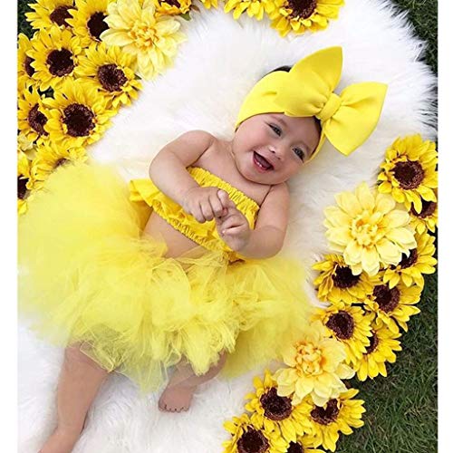 Julhold - Conjunto de Ropa para recién Nacido, Ropa de bebé y Falda de Tul con Hombros Descubiertos de algodón + tutú para bebés de 0 a 24 Meses Amarillo Amarillo 6-12 Meses