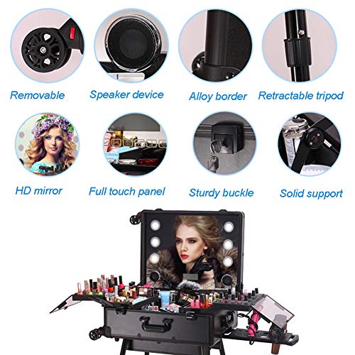 Jumor Maletín De Maquillaje Profesional con Luces Y Patas Maleta De Cosméticos con Ruedas Universales Estuche De Trolley con Espejo De Altura Ajustable con Función De Bluetooth Touch Screen,A