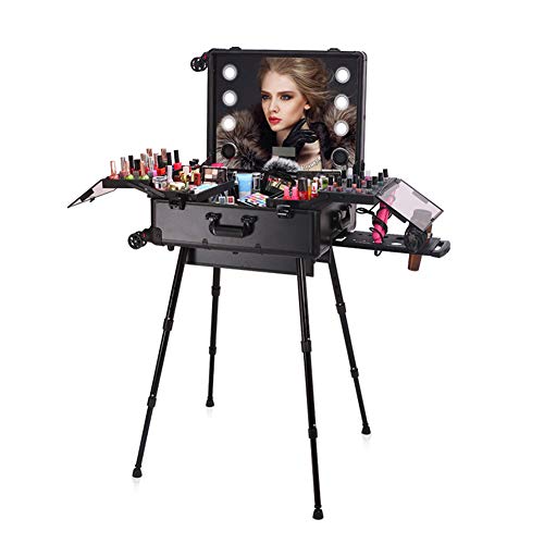 Jumor Maletín De Maquillaje Profesional con Luces Y Patas Maleta De Cosméticos con Ruedas Universales Estuche De Trolley con Espejo De Altura Ajustable con Función De Bluetooth Touch Screen,A