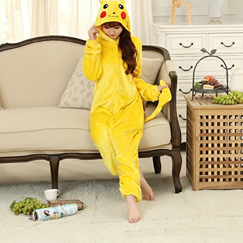JunYito Pijama Pikachu Animale Disfraz Stitch Traje Niños Niña Adulto Mujer Invierno Kigurumi Unicornio Cosplay Halloween y Navidad (L, Pikachu Adultos)