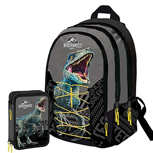 Jurassic World Schoolpack - Mochila escolar organizada con 3 cremalleras y estuche con 3 cremalleras