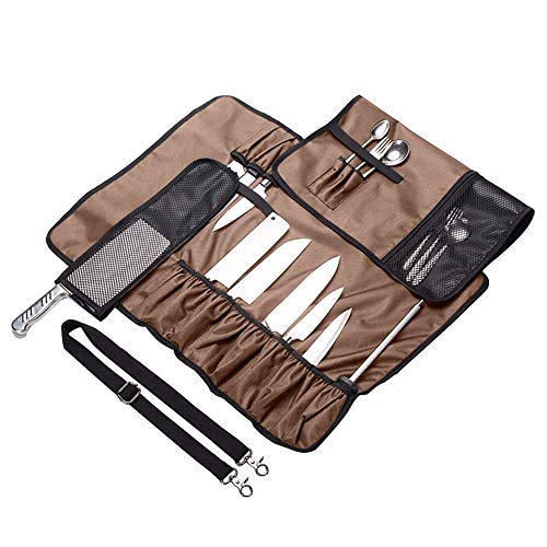 JURONG - Bolsa de almacenamiento para cuchillos de chefs con 17 compartimentos, cuchillos, cucharas y tenedores, resistente al agua, bolsa de almacenamiento para herramientas de cocina, marrón