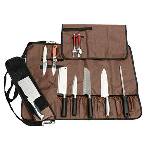 JURONG - Bolsa de almacenamiento para cuchillos de chefs con 17 compartimentos, cuchillos, cucharas y tenedores, resistente al agua, bolsa de almacenamiento para herramientas de cocina, marrón