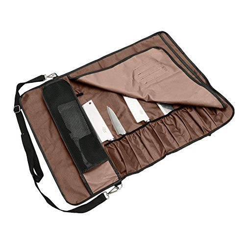 JURONG - Bolsa de almacenamiento para cuchillos de chefs con 17 compartimentos, cuchillos, cucharas y tenedores, resistente al agua, bolsa de almacenamiento para herramientas de cocina, marrón