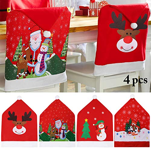 JUSTDOLIFE Cubierta de la Silla de Navidad, Rojo Fundas para sillas de Navidad Juego de 4 Gorro de Papá Noel Cubiertas de la Silla Cubre Respaldos Navideños para Decoración Fiesta o Cena de Navidad