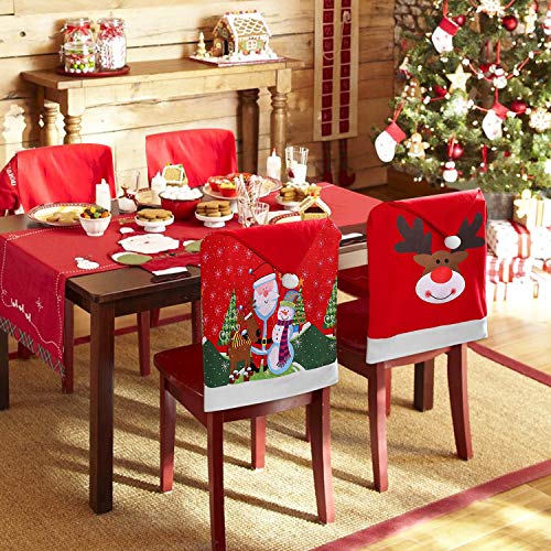 JUSTDOLIFE Cubierta de la Silla de Navidad, Rojo Fundas para sillas de Navidad Juego de 4 Gorro de Papá Noel Cubiertas de la Silla Cubre Respaldos Navideños para Decoración Fiesta o Cena de Navidad