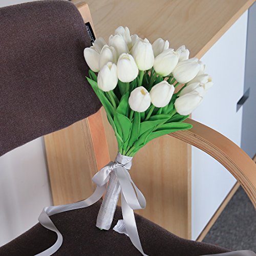 JUSTOYOU El tulipán Tiene un Toque Real, 33 cm de Largo, Flores Artificiales Decorativas para Ramos de Boda, hogar, Hotel, jardín, Evento navideño, Blanco, 20 por Paquete.