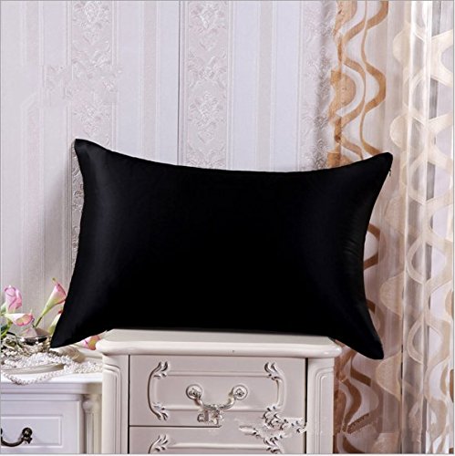 juwenin - Funda de almohada de seda para cuidado del pelo y rostro, para prevenir las arrugas, cremallera oculta, 2 unidades, poliéster Poliéster. raso seda sintética, negro, Estándar