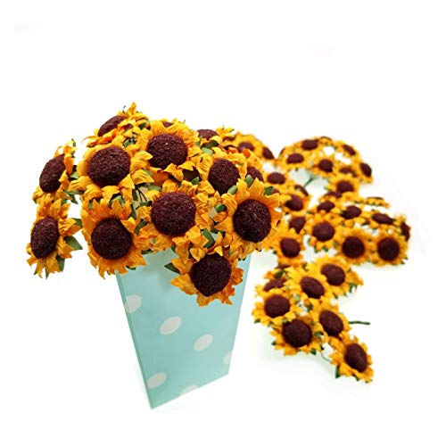 JZK 100 Amarillo pequeño Flores Artificiales Girasol Helianthus Ramo con Tallo de Hierro para Manualidades decoración Caja Favor Boda DIY Tarjeta invitación Accesorio Adorno Caja Regalo
