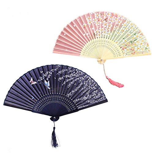 JZK 2 x Abanicos Plegables portátil Abanico de Mano de bambú con borlas para Invitados Boda Fiesta Regalo Recuerdo Detalle Regalo cumpleaños, Baile Arte y decoración Pared casa