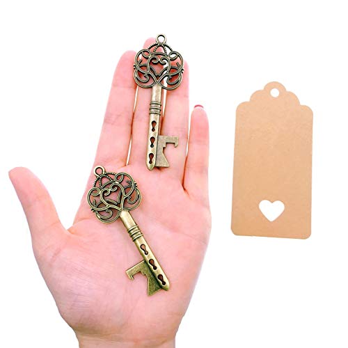 JZK 50 x Abrebotellas llave antigua con etiquetas kraft y cuerda de yute, llavero de bronce vintage para boda rústica regalos invitados fiesta favores detalles comunion recuerdo