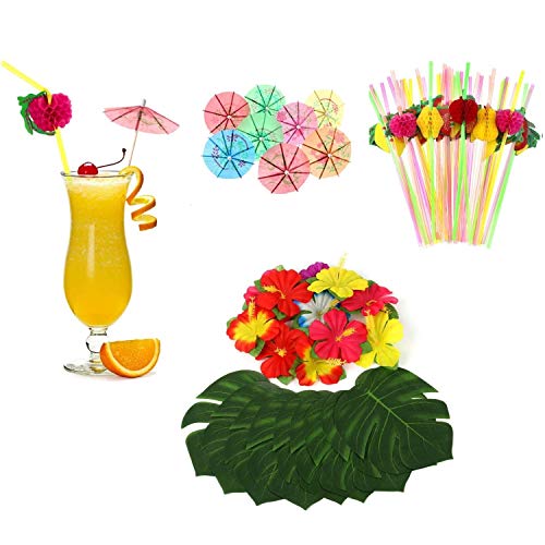 KAHEIGN 109Piezas Juego de Decoración de Fiesta Hawaiana Luau, 9 Pies Falda de Mesa Hawaiana, Hojas de Palma, Flores Hawaianas, Sombrillas Multicolores Pajitas de Frutas 3D