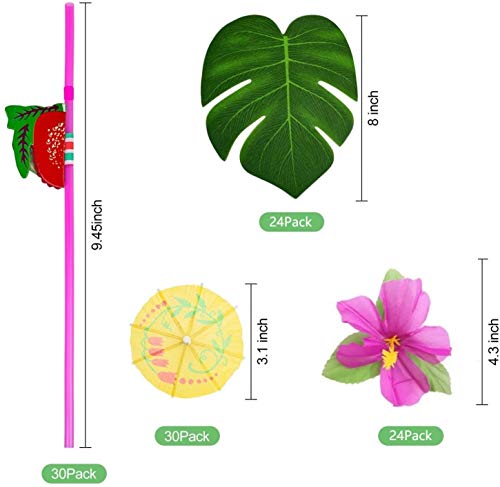 KAHEIGN 109Piezas Juego de Decoración de Fiesta Hawaiana Luau, 9 Pies Falda de Mesa Hawaiana, Hojas de Palma, Flores Hawaianas, Sombrillas Multicolores Pajitas de Frutas 3D