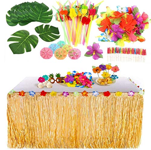 KAHEIGN 109Piezas Juego de Decoración de Fiesta Hawaiana Luau, 9 Pies Falda de Mesa Hawaiana, Hojas de Palma, Flores Hawaianas, Sombrillas Multicolores Pajitas de Frutas 3D