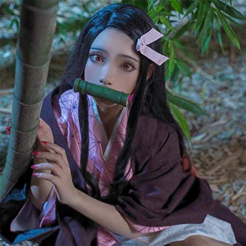 Kamado Nezuko Peluca Cosplay Wig para Mujer Chica Larga Rizada Ropa Accesorios Costume Carnaval Manga