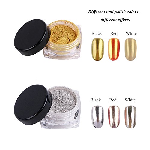 Kanggest. 2Pcs Pigmento del Brillo de Arte de Clavo Efecto Espejo Brillante Manicura de Uñas de Cromo en Polvo para Maquillaje Arte de Uñas Pintura del Arte de DIY (Plata y Oro)