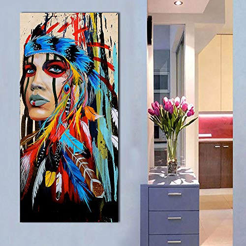 Karen Max - Lienzo Decorativo Vertical para salón, diseño de Mujer India con Plumas, 50 x 100 cm, sin Marco