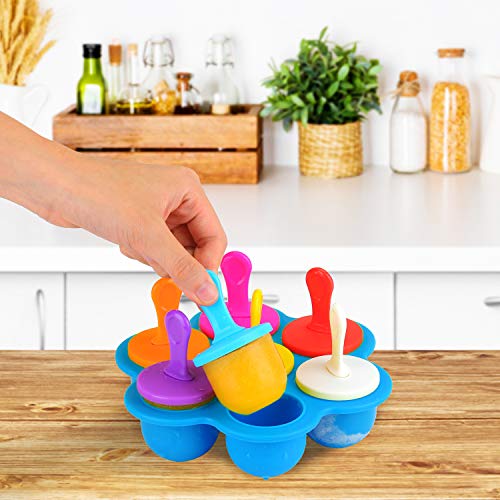 KATELUO Molde para Helados, 7 Cavidades DIY Mini Molde de Silicona para Paletas de Helado con Palitos de Plástico Coloridos, para Alimentos para Bebés, Hielo, Chocolate, Paletas de Hielo, Helado