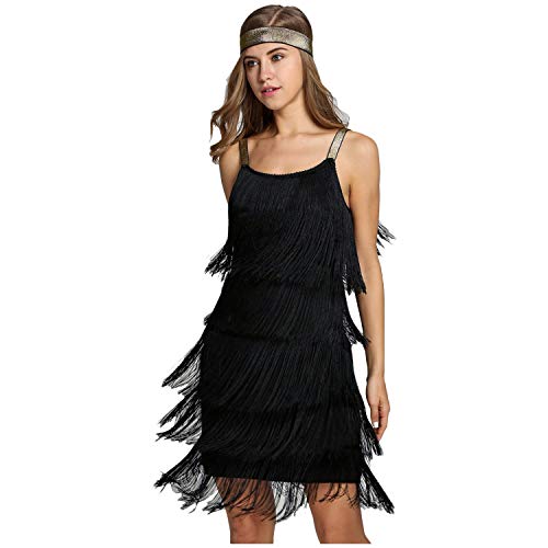 keland Vestido de Traje de Gatsby con Flecos y Flecos con Flecos y Flecos para Mujer (Negro, X-L)