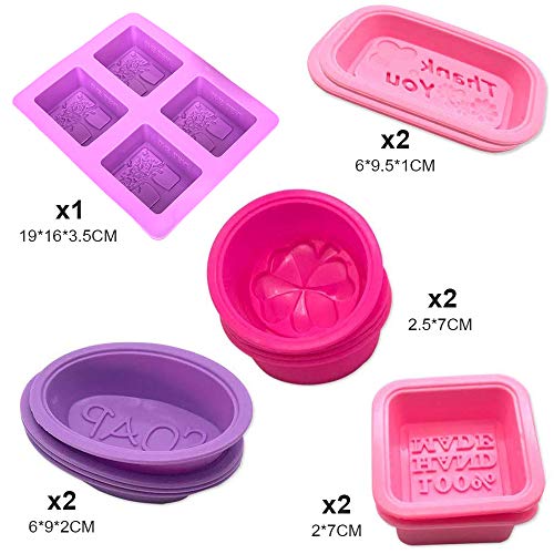 Keleily Moldes de Silicona para Jabones 9 Unids Moldes de Jabón Hechos a Mano Molde para Magdalenas Moldes para Muffins, Cuadrado Redondo Oval Rectángulo en Forma, Rojo, Púrpura