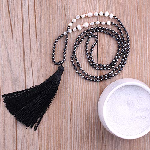 KELITCH Collar De Cuentas De Hematita con Perlas De Concha De Borlas Hechas A Mano Colgantes De Perlas Collares Gargantillas Joyería para Mujeres (Negro D)