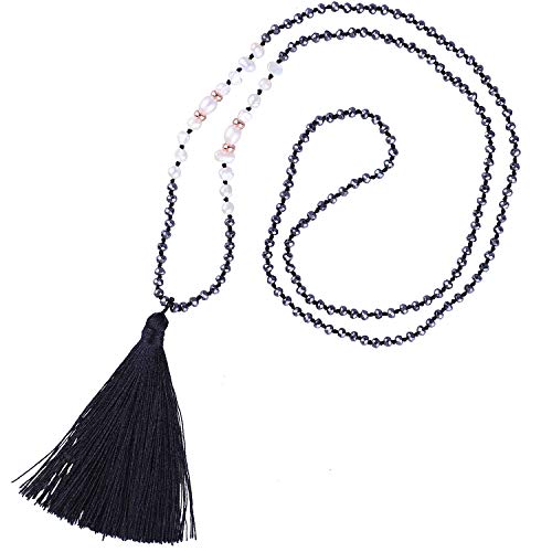 KELITCH Collar De Cuentas De Hematita con Perlas De Concha De Borlas Hechas A Mano Colgantes De Perlas Collares Gargantillas Joyería para Mujeres (Negro D)