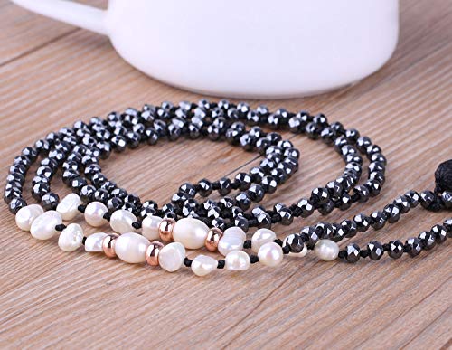 KELITCH Collar De Cuentas De Hematita con Perlas De Concha De Borlas Hechas A Mano Colgantes De Perlas Collares Gargantillas Joyería para Mujeres (Negro D)