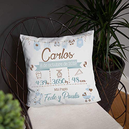 Kembilove Cojín Natalicio Infantil Personalizado para Bebes – Cojín Natalicio con Nombre y Datos del Bebe – Cojín Natalicio para recién Nacidos – Cojines para Bebes – Regalo Original