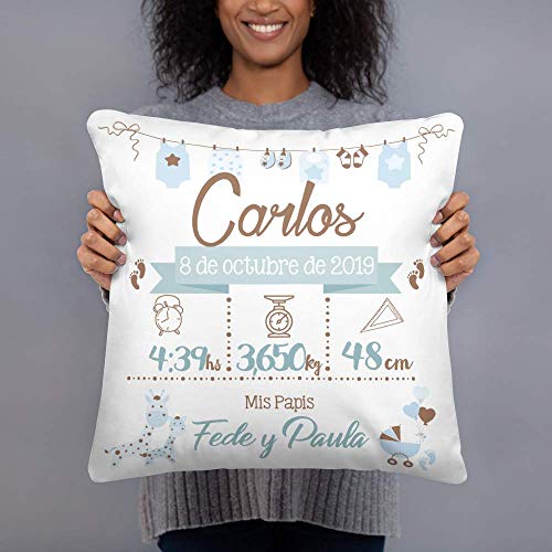 Kembilove Cojín Natalicio Infantil Personalizado para Bebes – Cojín Natalicio con Nombre y Datos del Bebe – Cojín Natalicio para recién Nacidos – Cojines para Bebes – Regalo Original
