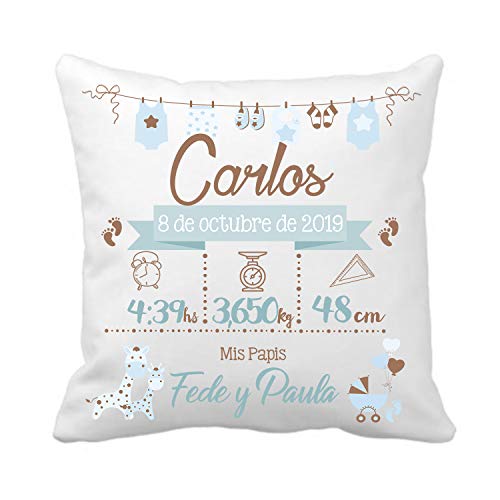 Kembilove Cojín Natalicio Infantil Personalizado para Bebes – Cojín Natalicio con Nombre y Datos del Bebe – Cojín Natalicio para recién Nacidos – Cojines para Bebes – Regalo Original