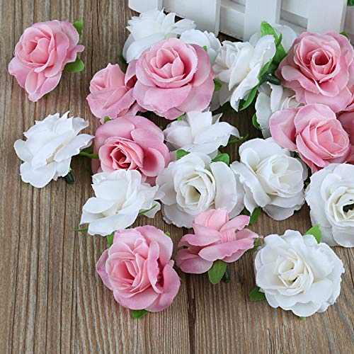 Kesote 50 Piezas de Cabezas de Rosas Artificiales de Seda Rosa Artificiales en Seda para Manualidades Decoración para Boda, Fiesta, Hogar, 25 Blanco + 25 Rosa, 4 CM