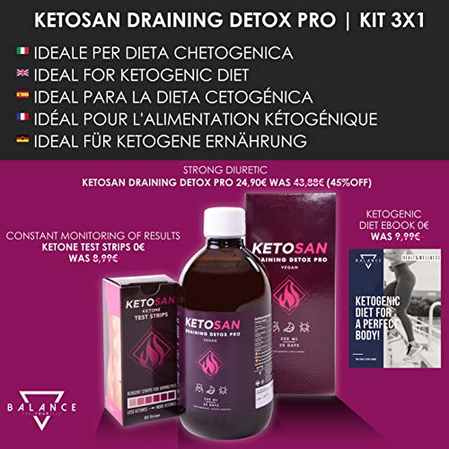 KETOSAN® Draining Detox Pro 3X1 | Detox Adelgazante Potente | KIT: DRENANTE LÍQUIDO + 50 TIRAS REACTIVAS PARA CETOSIS + E-BOOK DIETA KETOGÉNICA | 100% Vegano