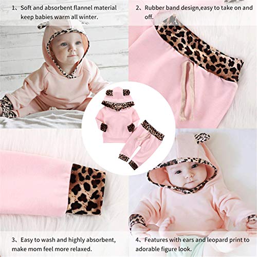 Kfnire Bebé Niñas Invierno Otoño Rosa y Leopard Edge Sudaderas con Capucha y Pantalones (3~6Meses, Rosa)