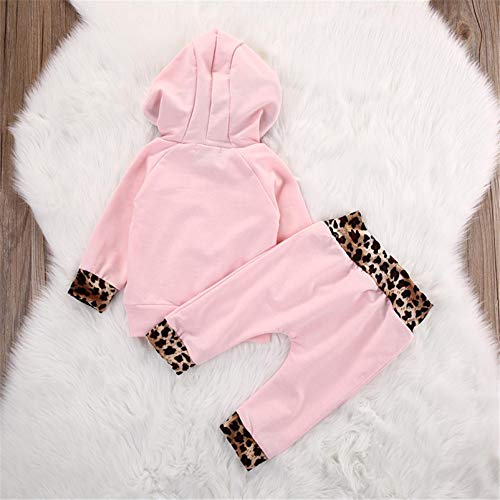 Kfnire Bebé Niñas Invierno Otoño Rosa y Leopard Edge Sudaderas con Capucha y Pantalones (3~6Meses, Rosa)