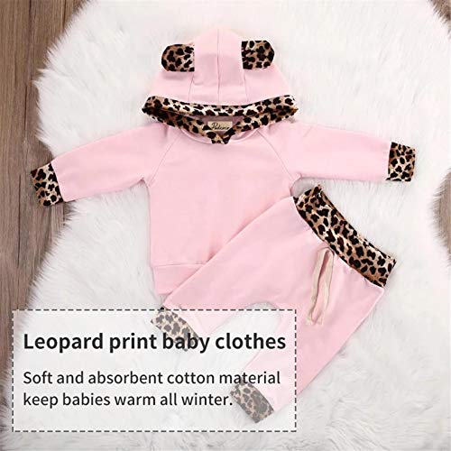 Kfnire Bebé Niñas Invierno Otoño Rosa y Leopard Edge Sudaderas con Capucha y Pantalones (3~6Meses, Rosa)