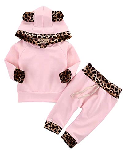 Kfnire Bebé Niñas Invierno Otoño Rosa y Leopard Edge Sudaderas con Capucha y Pantalones (3~6Meses, Rosa)