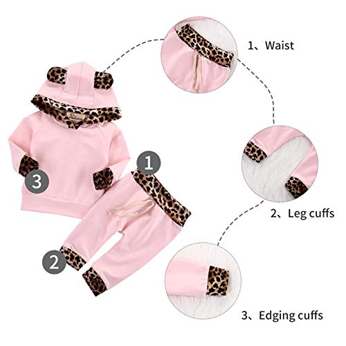 Kfnire Bebé Niñas Invierno Otoño Rosa y Leopard Edge Sudaderas con Capucha y Pantalones (3~6Meses, Rosa)