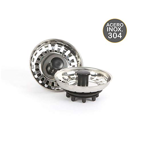 Kibath 200403 Tapón de fregadero de acero inoxidable. Con cierre de goma/caucho. Diámetro 8 cm. Acabado en cromo brillo y negro