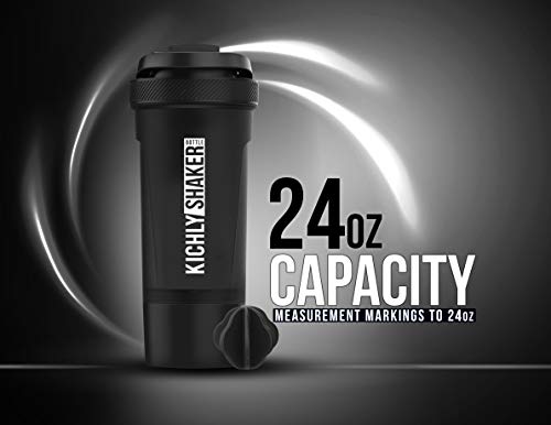 KICHLY [2-pack] Botella mezcladora de proteínas clásica - con caja de proteínas Twist and Lock (700 ml, 24-Oz, Negra y Transparente)