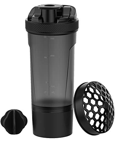 KICHLY [2-pack] Botella mezcladora de proteínas clásica - con caja de proteínas Twist and Lock (700 ml, 24-Oz, Negra y Transparente)