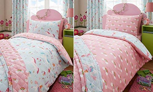 Kidz Club Magical Unicornios edredón y Funda de Almohada para Cama Individual, Color Azul, Poliéster y algodón, Suelto