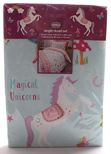Kidz Club Magical Unicornios edredón y Funda de Almohada para Cama Individual, Color Azul, Poliéster y algodón, Suelto