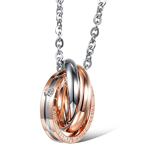 Kim Johanson Pareja Collares Forever with you para enamorados de acero inoxidable con tres anillas y grabado set incluye joyas y bolsa