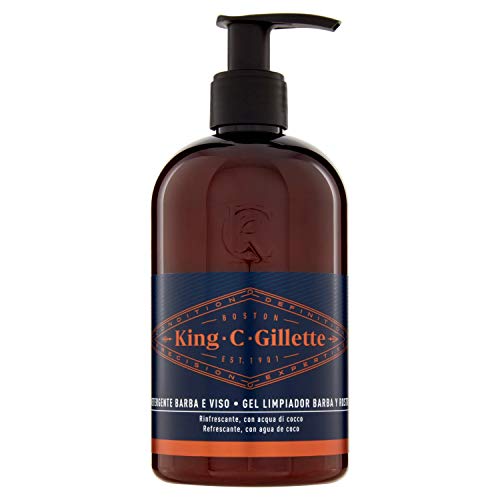 King C Gillette - Gel Limpiador Para Barba Y Rostro Para Hombre Con Agua De Coco, Aceite De Argán Y Aceite De Aguacate, 350 ml