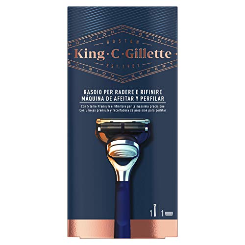 King C Gillette - Máquina De Afeitar De 5 Hojas Para Afeitar Y Perfilar Para Hombre Mango De Maquinilla + 1 Recambio Con Recortadora De Precisión Integrada Y Mango Premium
